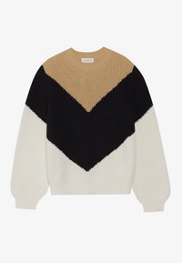 Sweter z dzianiny z kolorowym wzorem w beżowym, czarnym i kremowym kolorze oraz zygzakowatym wzorem. Okrągły dekolt i długie rękawy.