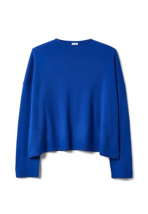 Maglione azzurro a maglia con maniche lunghe, scollo rotondo e vestibilità comoda. Texture morbida senza motivi visibili o dettagli in metallo.