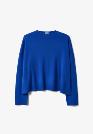 Maglione azzurro a maglia con maniche lunghe, scollo rotondo e vestibilità comoda. Texture morbida senza motivi visibili o dettagli in metallo.