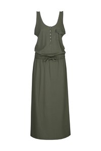 Olivgrünes ärmelloses Kleid aus weichem Stoff, mit rundem Halsausschnitt, Knöpfen vorne, einer Seitentasche und einem taillierten Bund.