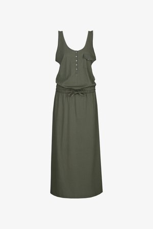 Olivgrünes ärmelloses Kleid aus weichem Stoff, mit rundem Halsausschnitt, Knöpfen vorne, einer Seitentasche und einem taillierten Bund.