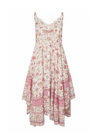 Vestido floral con tirantes ajustables, que presenta un fondo crema, patrones florales en rosa y un diseño de dobladillo en capas.