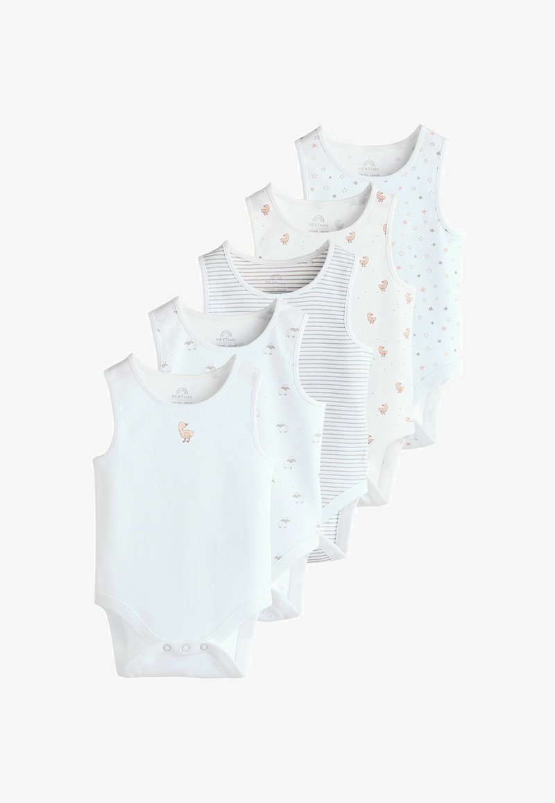 Vijf witte mouwloze baby bodysuits met verschillende patronen: één effen, één gestreept, één met kleine dieren en twee met sterrenmotieven.