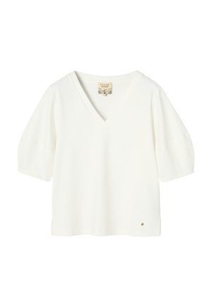 White V-neck short sleeve blouse with slightly puffed sleeves and small logo tag near hem, displayed on plain white background.
