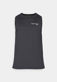 Sleeveless dark gray athletic tank top made of textured fabric, featuring a round neck and a small logo accent on the front.