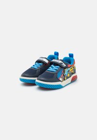 Blue and navy mesh sneakers with a reinforced toe, Velcro strap, and colorful car graphics on the sides. Rubber sole with textured grip.
