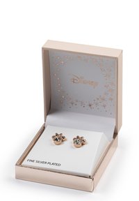 Orecchini in argento fine placcato Disney con design floreale, caratterizzati da una gemma centrale trasparente e bordati da piccole pietre decorative, presentati in una scatola crema.