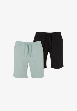 Shorts en mélange de coton de couleur vert menthe clair et noir. Ceinture élastique avec cordon de serrage, conception jusqu'aux genoux et détails de couture simples.
