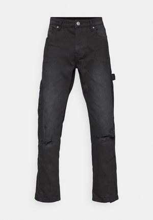 Svart denim cargo-bukser med rett snitt, med slitte knær og en sidelomme, laget av robust teksturert stoff.