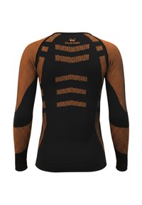 Long-sleeve athletic shirt in black and orange, featuring a textured back with geometric patterns and a fitted design for comfort.