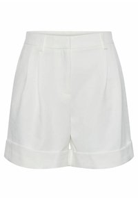 Bílé šortky na míru se hladkou texturou, s ohrnutým lemem, dvěma předními sklady a postranními kapsami.