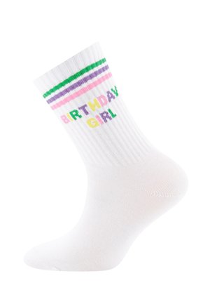 White ribbed sock with green, purple, and pink stripes at the top and "BIRTHDAY GIRL" in colorful letters below the stripes.