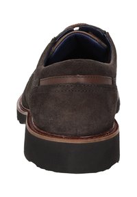 Chaussure en daim marron avec une texture lisse, dotée d'un accent en cuir marron, d'une semelle en caoutchouc robuste et d'un intérieur rembourré.