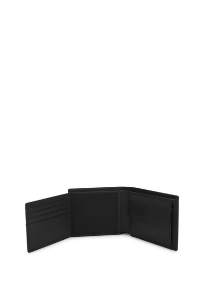 Portefeuille en cuir noir à trois volets ouvert, montrant des emplacements pour cartes à gauche, une fenêtre d'identification en mesh au centre, et une poche à monnaie avec rabat à droite.
