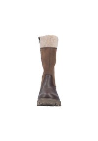 Brown leather boot with a felted upper, side zipper, textured sole, and a slightly rounded toe. Features a sturdy, rugged design.