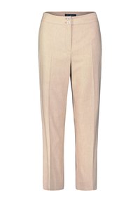 Beżowe spodnie o dopasowanym kroju wykonane z gładkiego materiału, z dwoma guzikami z przodu i wyraźnymi kantami, zaprojektowane w slim fit.