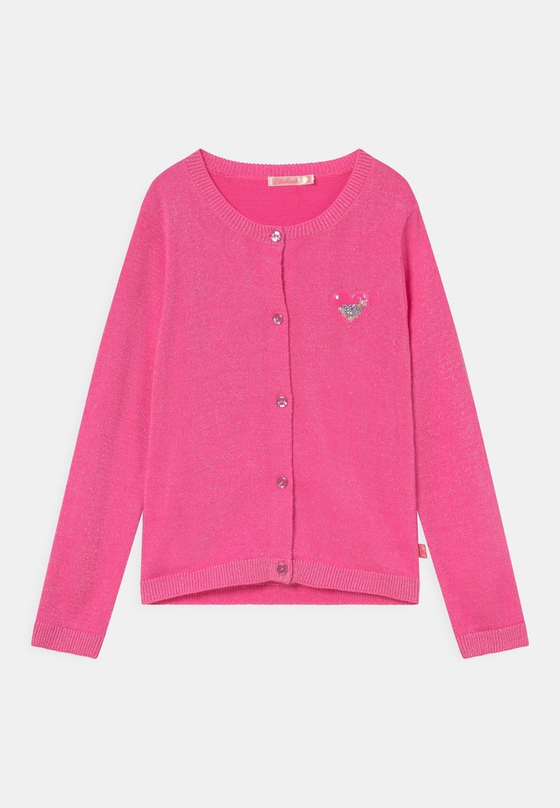 Rosa stickad cardigan med långa ärmar, rund halsringning, knappstängning och en hjärtformad dekoration på bröstet.