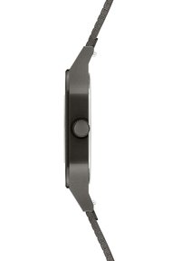 Zwarte polshorloge met een matte metalen kast, ronde vorm en een gestructureerde zwarte band. Heeft een opvallende kroon en een minimalistisches ontwerp.