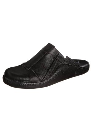 Black leather slip-on shoe with a textured upper, stitched detailing, and a rounded toe. Features a flexible rubber sole for comfort.