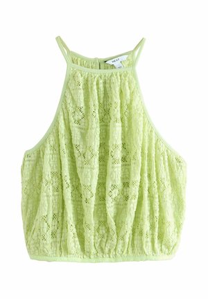 Hellgrünes Spitzen-ärmelloses Crop-Top mit Neckholder und floralem Muster sowie gerafftem elastischem Saum, Größenschild "NEXT" innen am Kragen sichtbar.