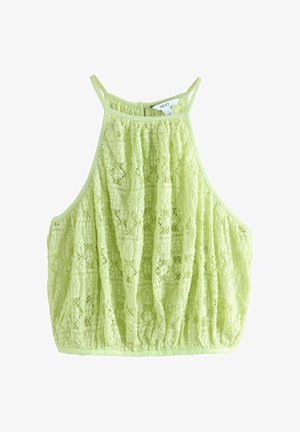 Hellgrünes Spitzen-ärmelloses Crop-Top mit Neckholder und floralem Muster sowie gerafftem elastischem Saum, Größenschild "NEXT" innen am Kragen sichtbar.