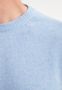 Maglione azzurro chiaro realizzato in morbido tessuto a maglia. Presenta un colletto a girocollo rigato e una texture liscia con leggere variazioni di colore.