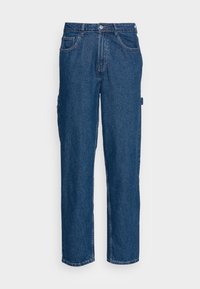 Siniset denim-kankaiset cargo-housut suoran leikkauksen, viiden taskun ja sivutaskun kanssa. Varustettu klassisella nappi- ja vetoketjukiinnityksellä.