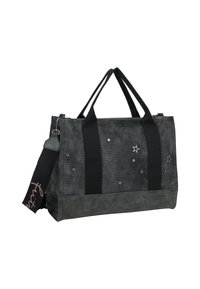 Sac fourre-tout noir en matériau texturé avec des accents d'étoiles, anses doubles robustes et une base grise contrastante. Comprend une bandoulière réglable.