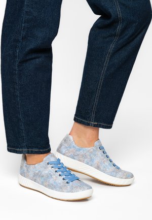 Light blue sneakers with textured upper, round toe, and white sole. Features blue laces and subtle patterns on the material.