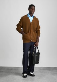 Hnědý žebrovaný cardigan s knoflíky, pod ním světle modrá košile, pruhované kalhoty a černá taška. Obuv má černobílé akcenty.