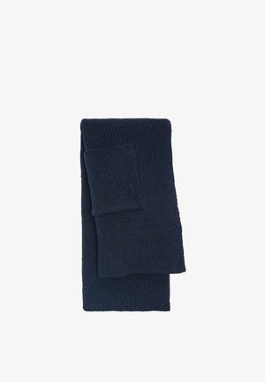 Ciemnogranatowy prążkowany szalik wykonany z miękkiego materiału, złożony z kieszonką. Gładka faktura i jednolity kolor na całej powierzchni.