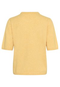 Maglione giallo a maniche corte con scollatura rotonda, realizzato in un tessuto testurizzato. Presenta una vestibilità ampia e orlo e polsini a costine.