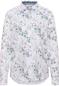 White long-sleeve button-up shirt with collar, featuring a floral and bird pattern in pink, blue, green, and purple tones.