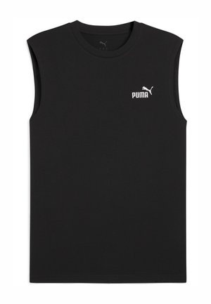 Tricou negru fără mâneci, fabricat din bumbac, cu un logo alb Puma pe piept, decolteu rotund și tiv drept. Design simplu, fără modele.