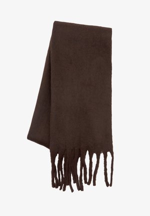 Brown wool scarf with a soft texture, featuring fringed edges and a rectangular shape. Suitable for cold weather.