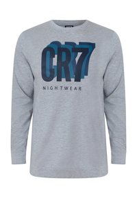 Lysegrå langærmet skjorte lavet af blødt materiale med et blåt og sort "CR7 NIGHTWEAR" grafisk tryk på forsiden.