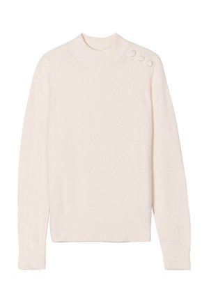 Cremefarbener Pullover mit hohem Kragen, langen Ärmeln und drei dekorativen Knöpfen an der linken Schulter. Weiche, gerippte Textur.
