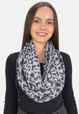 Leopardenmuster-Schal in Grau und Schwarz, aus leichtem Stoff gefertigt, mit einem Schlaufen-Design für einfaches Tragen. Weiche Textur mit fließendem Fall.