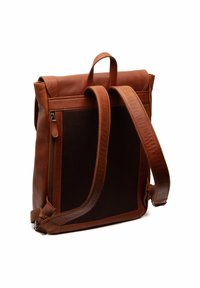 Mochila de cuero marrón con panel trasero de malla acolchada, correas ajustables y un asa superior para llevar.