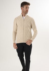 Maglione beige lavorato a maglia con chiusura a zip, caratterizzato da motivi a trecce, polsini e orlo a coste, e colletto alto. Abbinato a pantaloni neri.