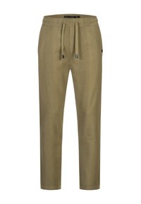 Pantalones jogger en verde oliva con cinturilla elástica, cierre de cordón y tejido texturizado. Presenta detalles de hardware en negro.