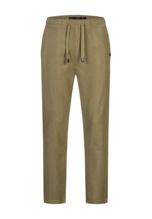 Olivgrüne Jogginghosen mit einem elastischen Bund, einer Kordelzugverschluss und einem strukturierten Stoff. Mit schwarzen Hardware-Akzenten.