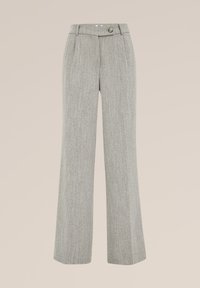 Pantaloni gri cu talie înaltă și croială largă, având un model subtil în espiga, cu închidere cu nasture și fermoar, și cu buzunare pentru centură.