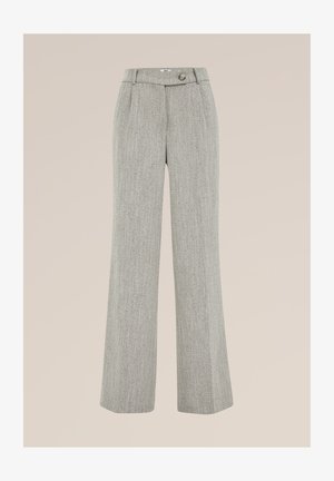 Kõrge vöökohaga laiade jalgadega hallid püksid peene kalasaba mustriga, nööpide ja tõmblukuga sulgemine ning vööaasad.