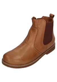 Braune Leder-Stiefeletten mit elastischen Seitenpanels, runder Zehenpartie und flacher Sohle. Mit braunen Stoffakzenten und sichtbaren Nähten.