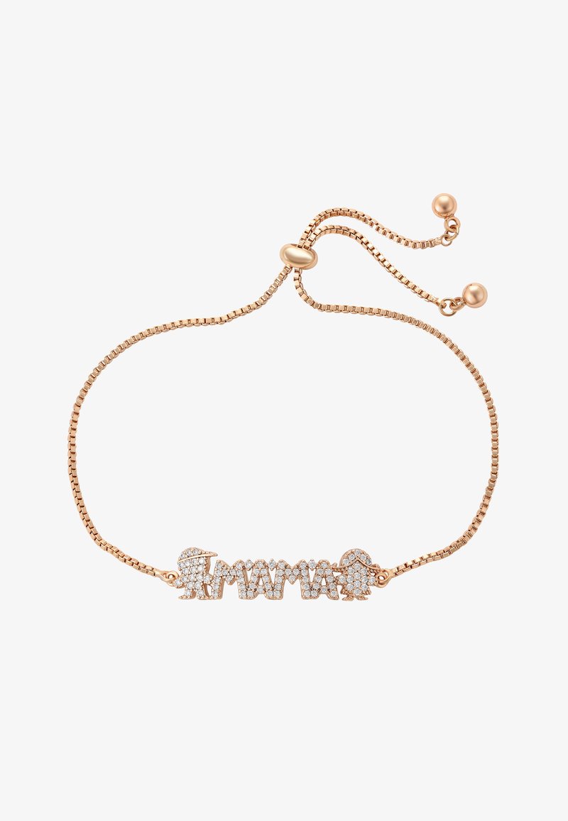 Náramek z růžového zlata s nastavitelným řetízkem a přívěskem "MAMA" osázeným čirými krystaly, s hladkými akcenty a elegantním designem.