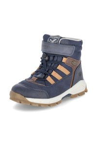 Botín impermeable azul marino con detalles en marrón, que presenta una superficie texturizada, cordones elásticos y una suela robusta para mayor tracción.