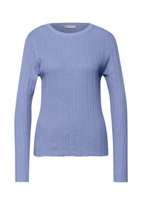 Maglione azzurro chiaro a coste con maniche lunghe e scollo rotondo. Realizzato in materiale morbido, con un design aderente e una texture delicata.