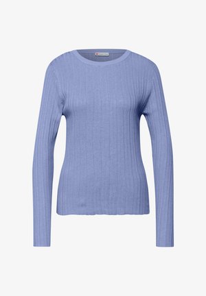 Lichtblauwe ribgebreide trui met lange mouwen en een ronde halslijn. Gemaakt van zacht materiaal, met een aansluitend ontwerp en een subtiele textuur.