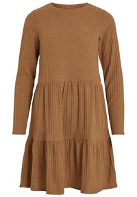 Vestito marrone a maniche lunghe con righe, scollo rotondo e design a strati della gonna. Tessuto morbido, lunghezza media, stile casual, adatto a varie occasioni.